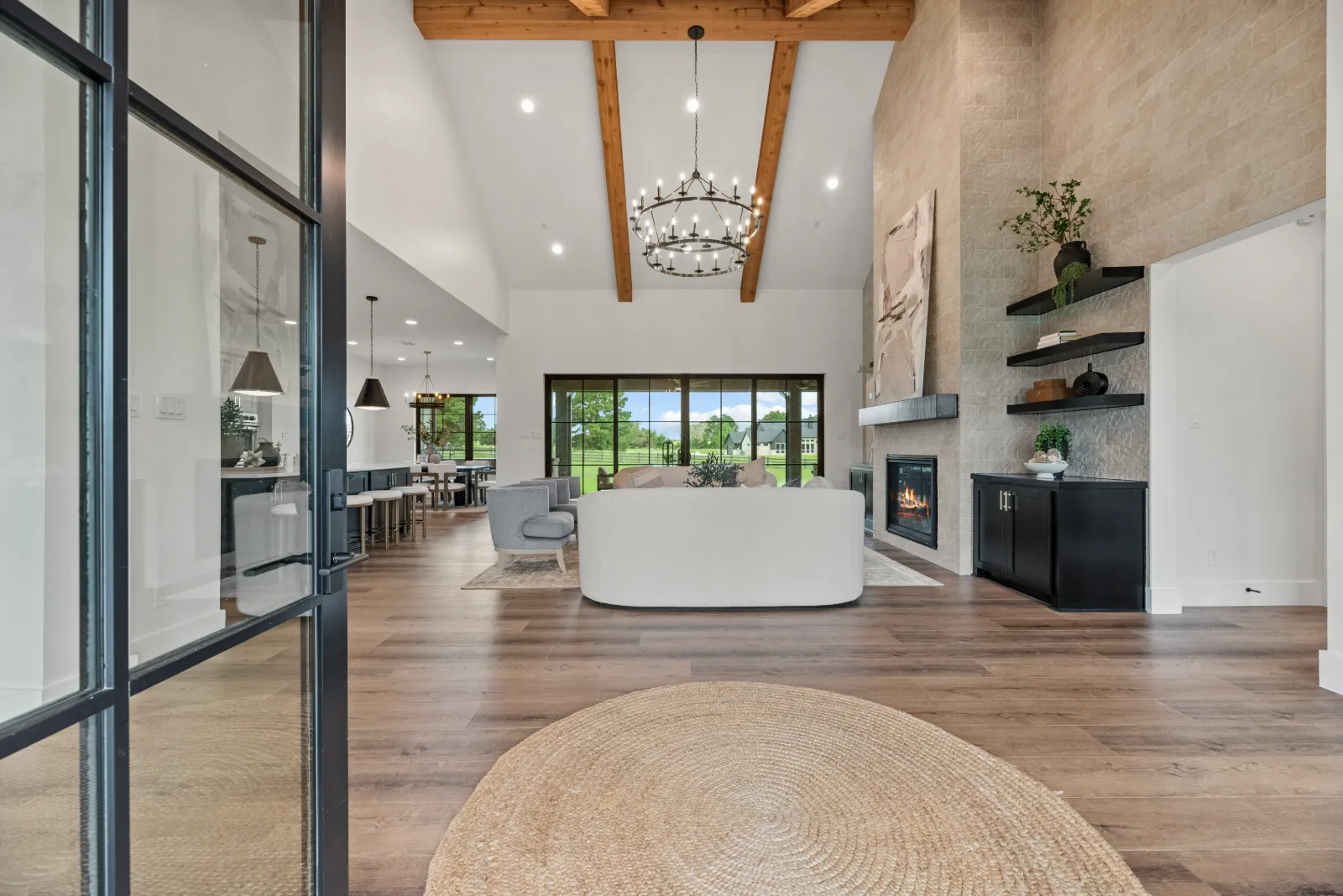 Vaulted great room with exposed beams