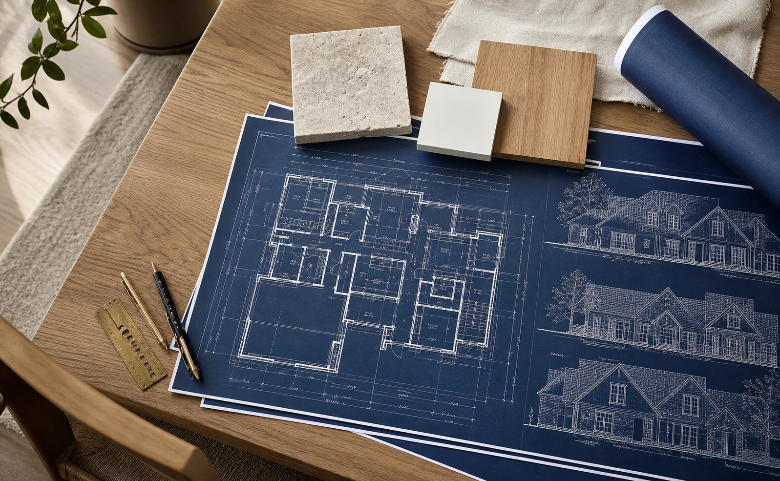 Floor plans and elevations laid out with stone, wood, paint, and fabric selections