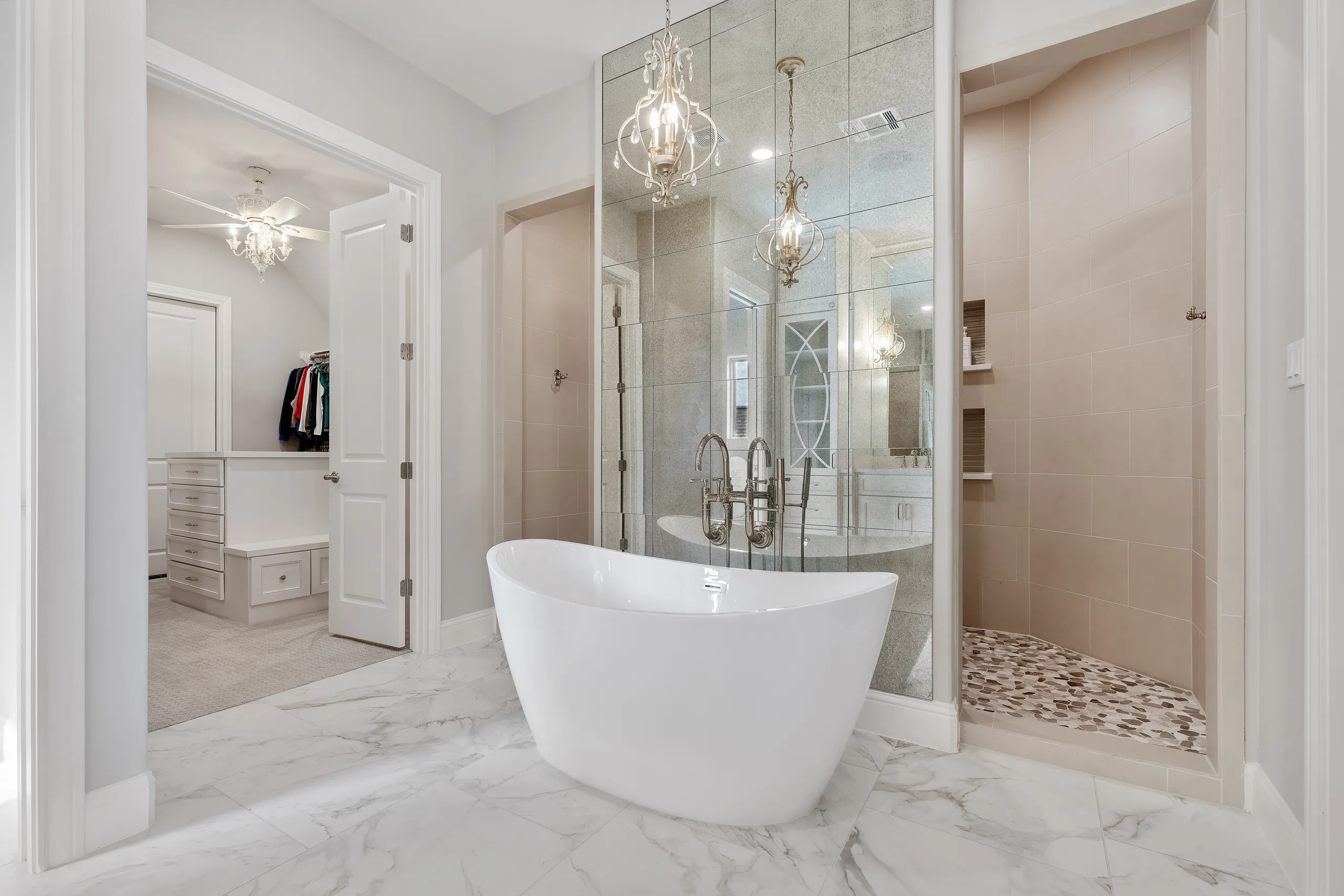 Spa bath with freestanding soaking tub