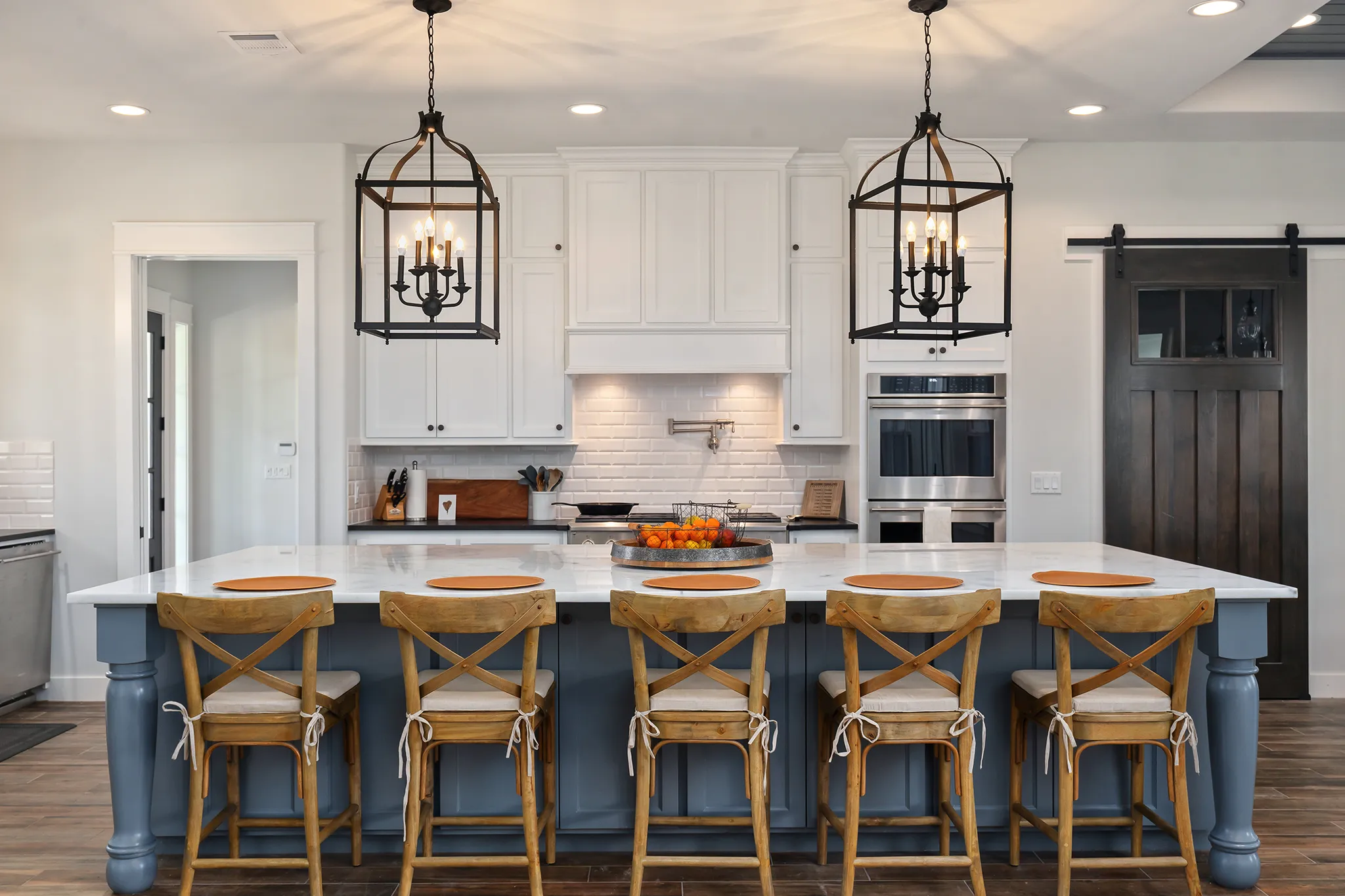 Blue island with iron lantern pendants